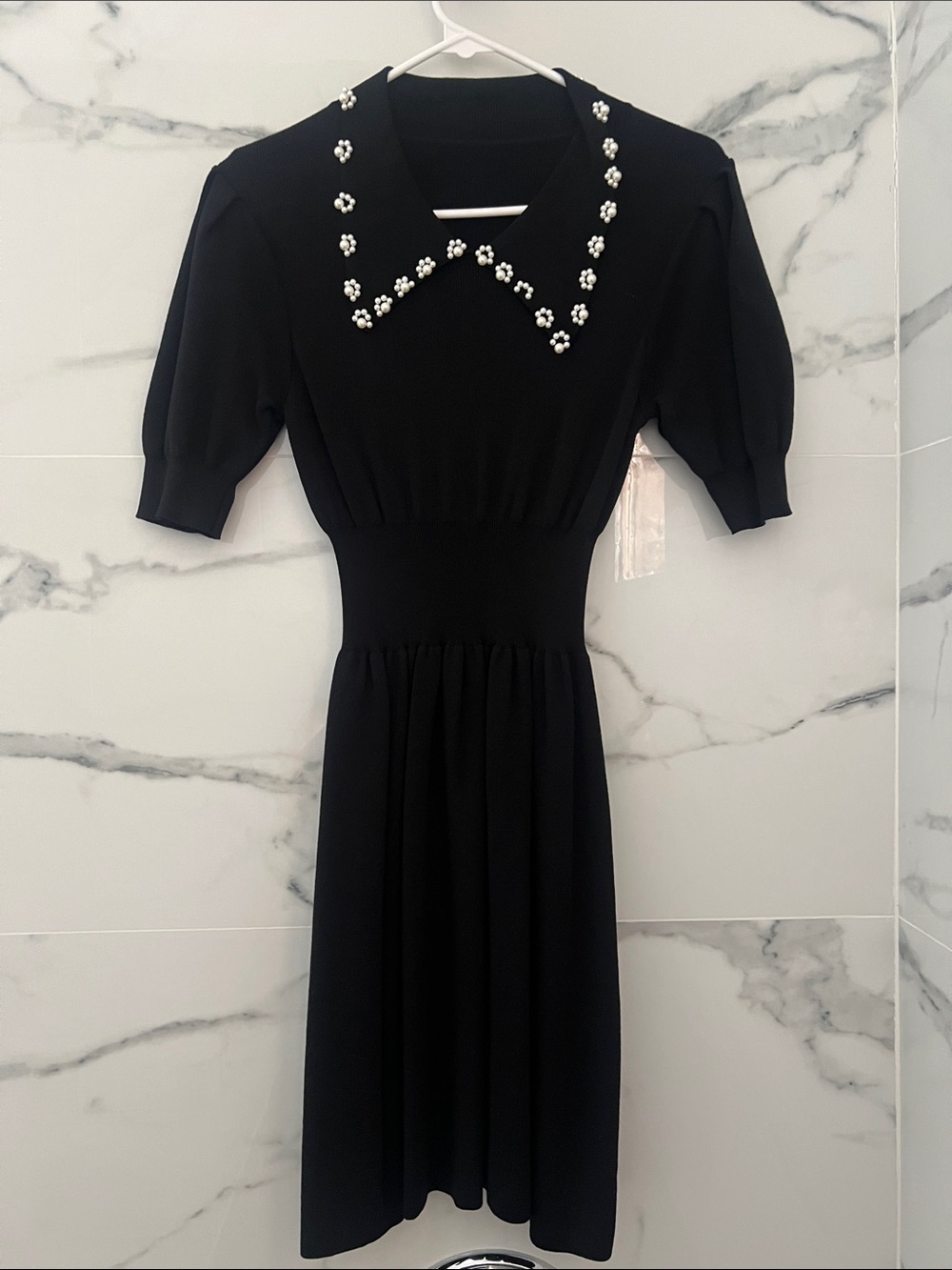 Black Midi Dress with Embellished Pearl Collar